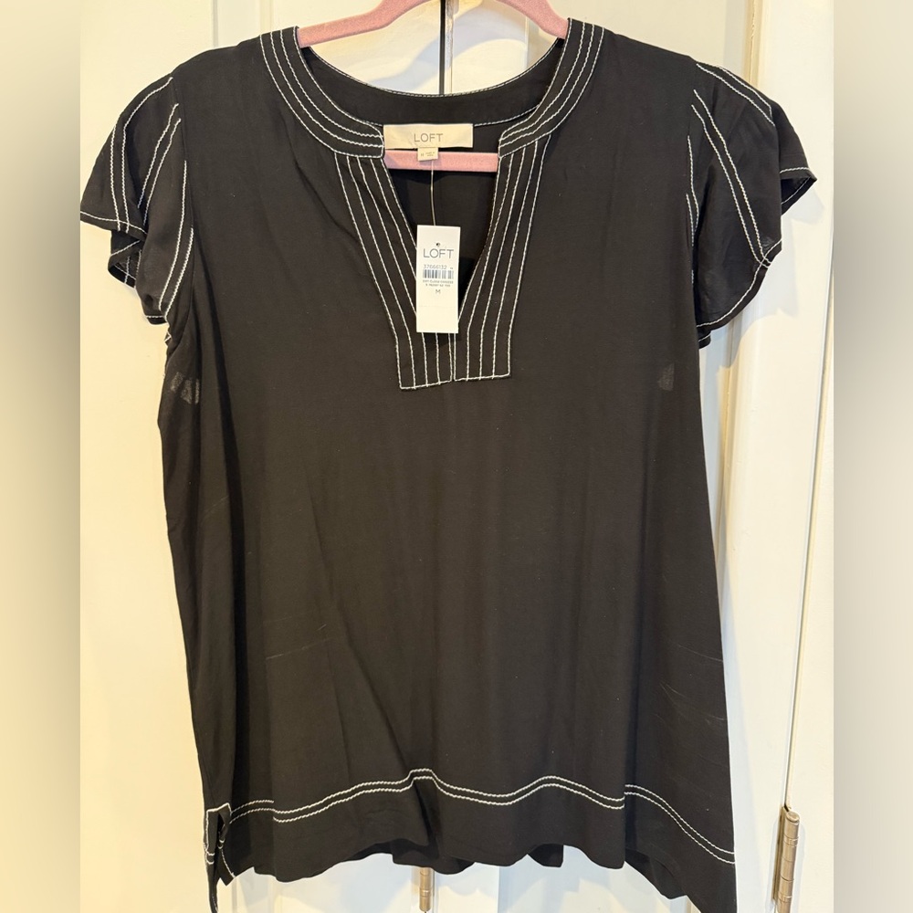 LOFT Black Flutter Short Sleeve Blouse